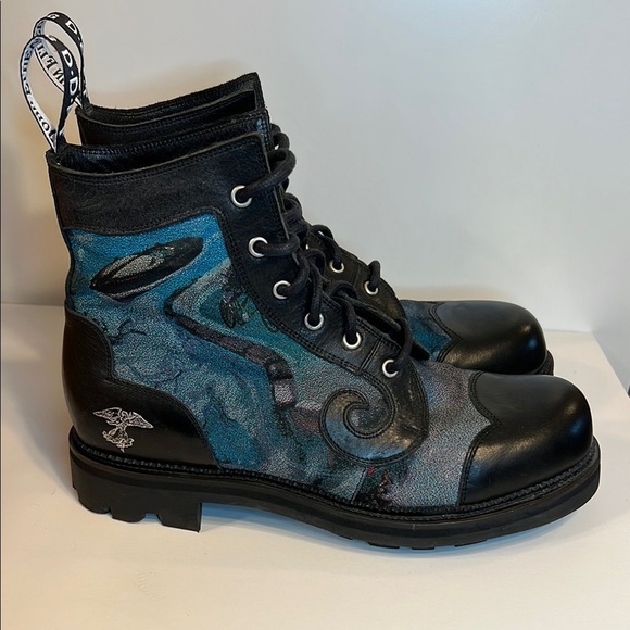 John Fluevog Other - John Fluevog Black Blue Swirl Boots 7.5 Women’s 9.5